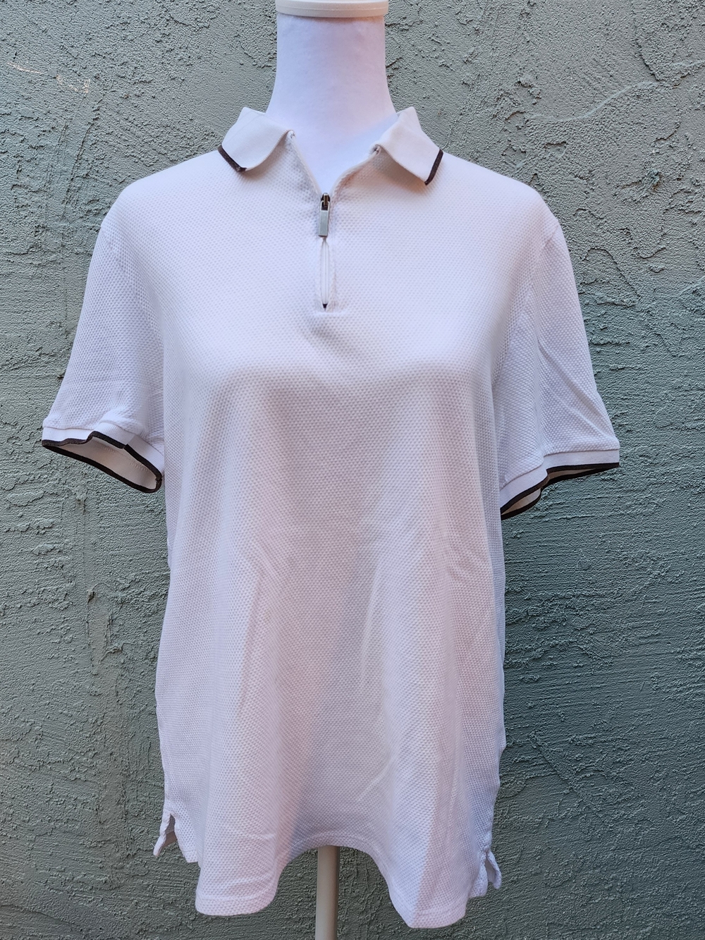 Galeries Lafayette White Waffle Knit Quarter-Zip Polo Shirt [L]